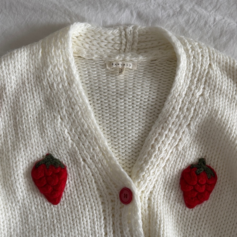 Strawberry Embroidered White Cardigan Sweater - Picture 3 of 4